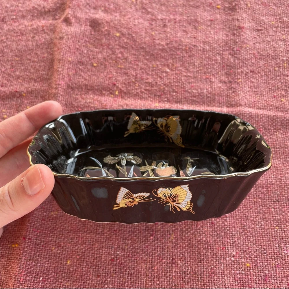Kutani | Vintage Japanese Black Gold Iris Butterfly Soap Trinket Dish | Fairy